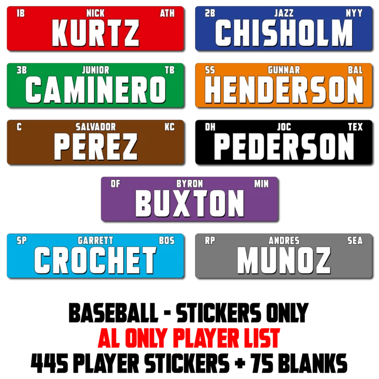 Fantasy Baseball Player Stickers - AL ONLY Players